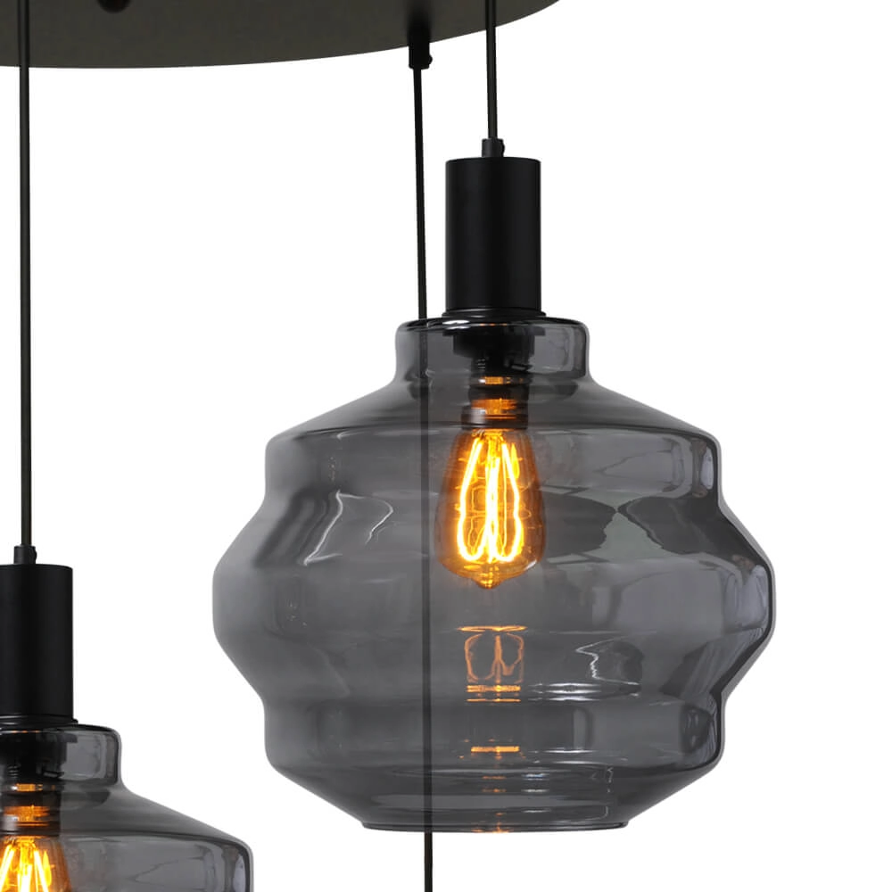 5-light loft hanging lamp - black - Porto with Ball smoke glasses - Ø 30cm Masterlight 8718121271033