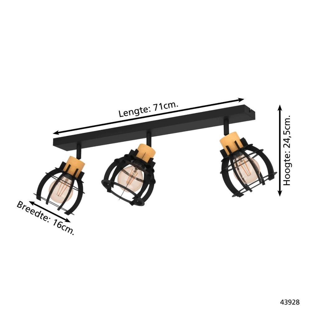 3-light ceiling lamp Stillington 1 black with wood Eglo 9002759439286