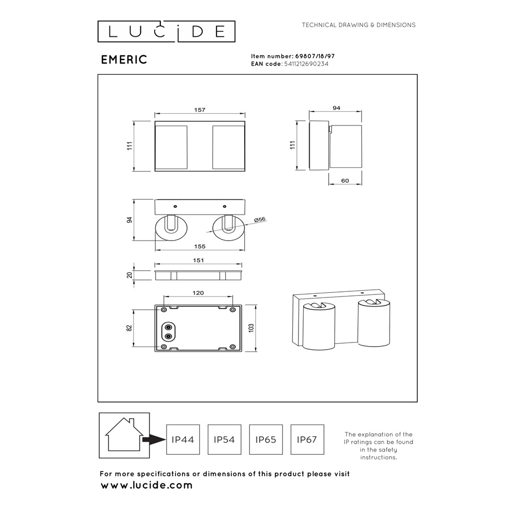 Wall spot IP65 Emeric Rusty brown double Lucide 5411212690234