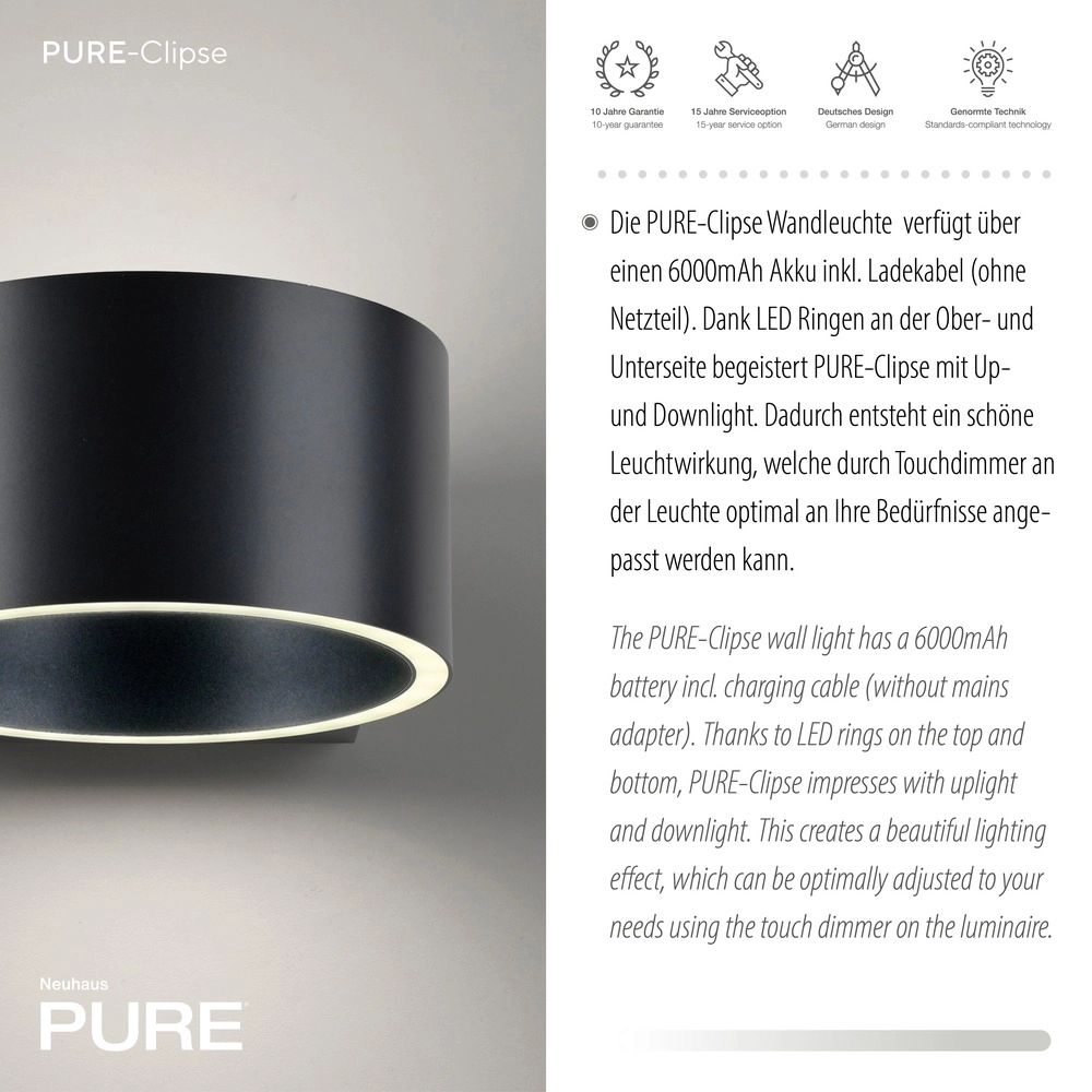 Rechargeable wall lamp Pure Akku Clipse Mystic grey Paul Neuhaus 4012248391754