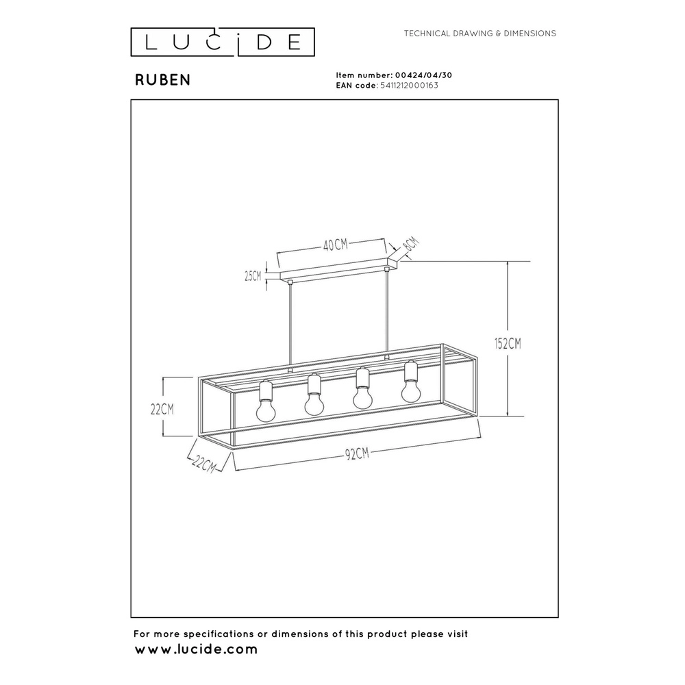 Pendant lamp Ruben 4-light black Lucide 5411212000163