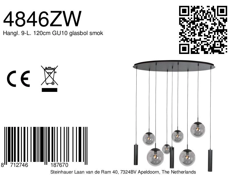 Design pendant lamp Bollique 9-light black Steinhauer 8712746187670