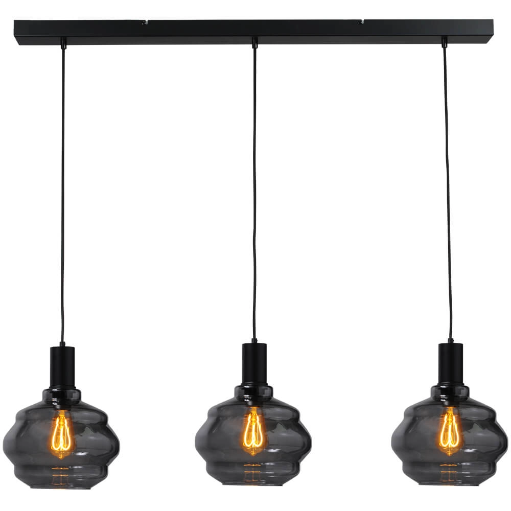 3-light hanging lamp - black - Porto with Ball smoke glasses - Ø 24cm