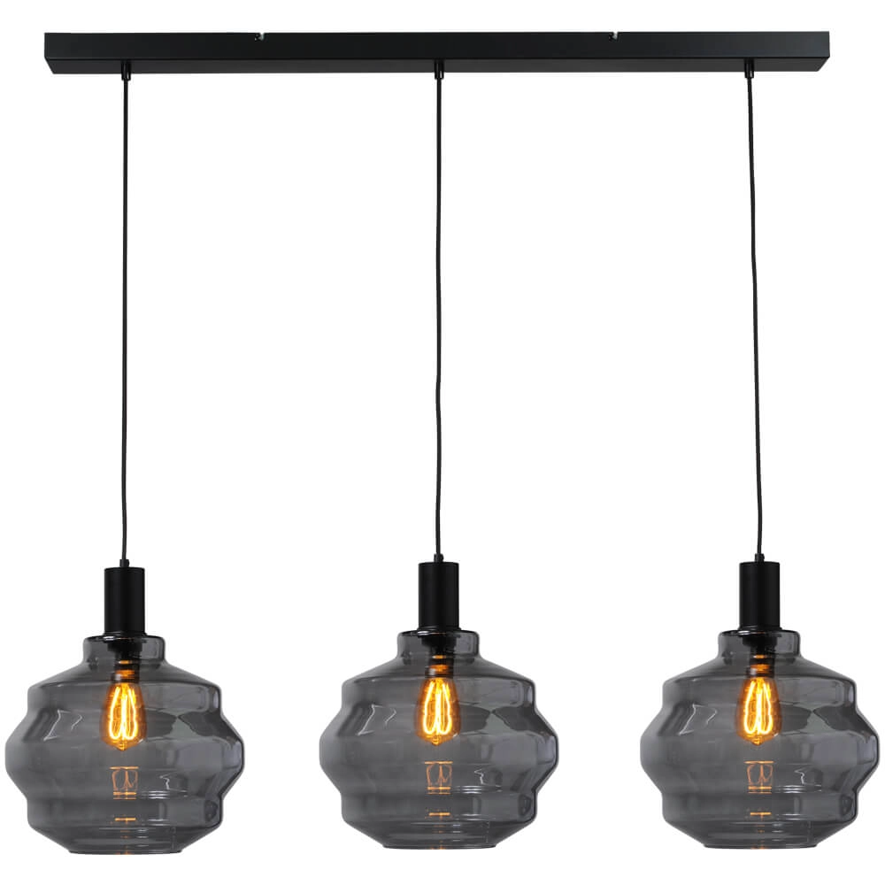 3-light hanging lamp - black - Porto with Ball smoke glasses - Ø 30cm