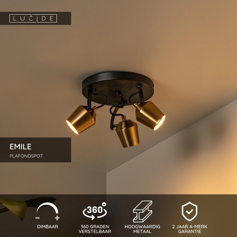 3-light ceiling lamp Emile black with gold Lucide 5411212510099