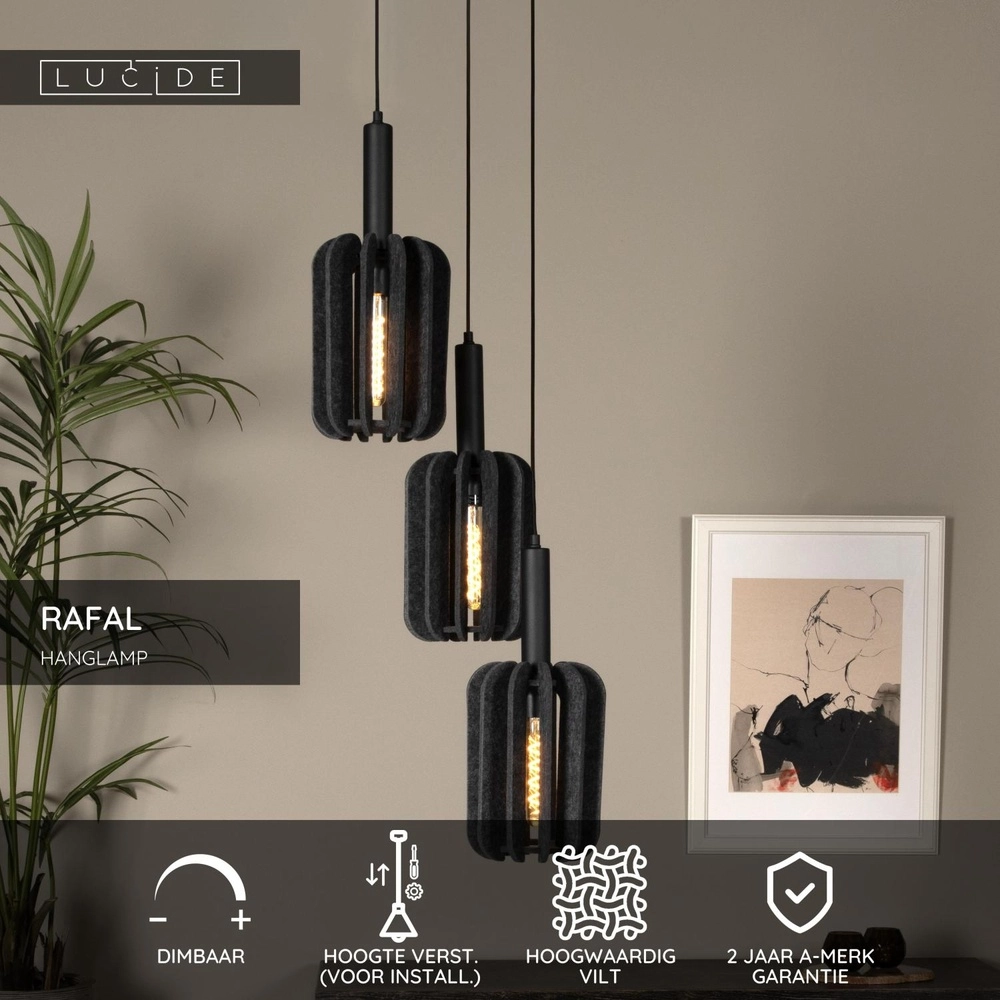 Sleek pendant lamp Rafal 3-light round black with grey Lucide 5411212452788