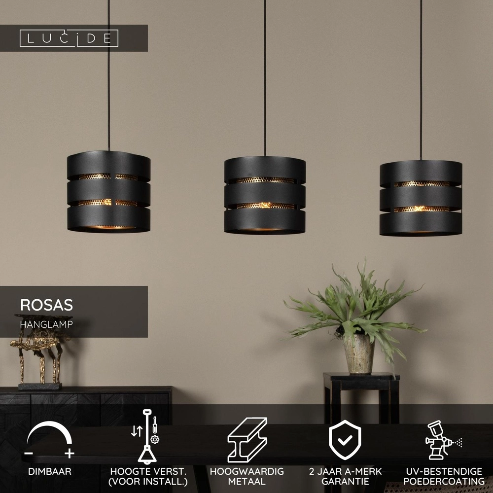 Pendant lamp Rosas 3-light black with gold Lucide 5411212211828