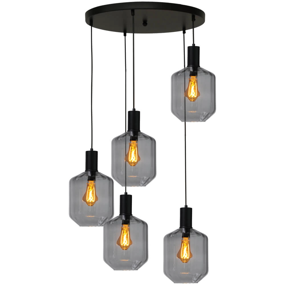5-light loft hanging lamp - black - Porto with Jagger smoke glasses
