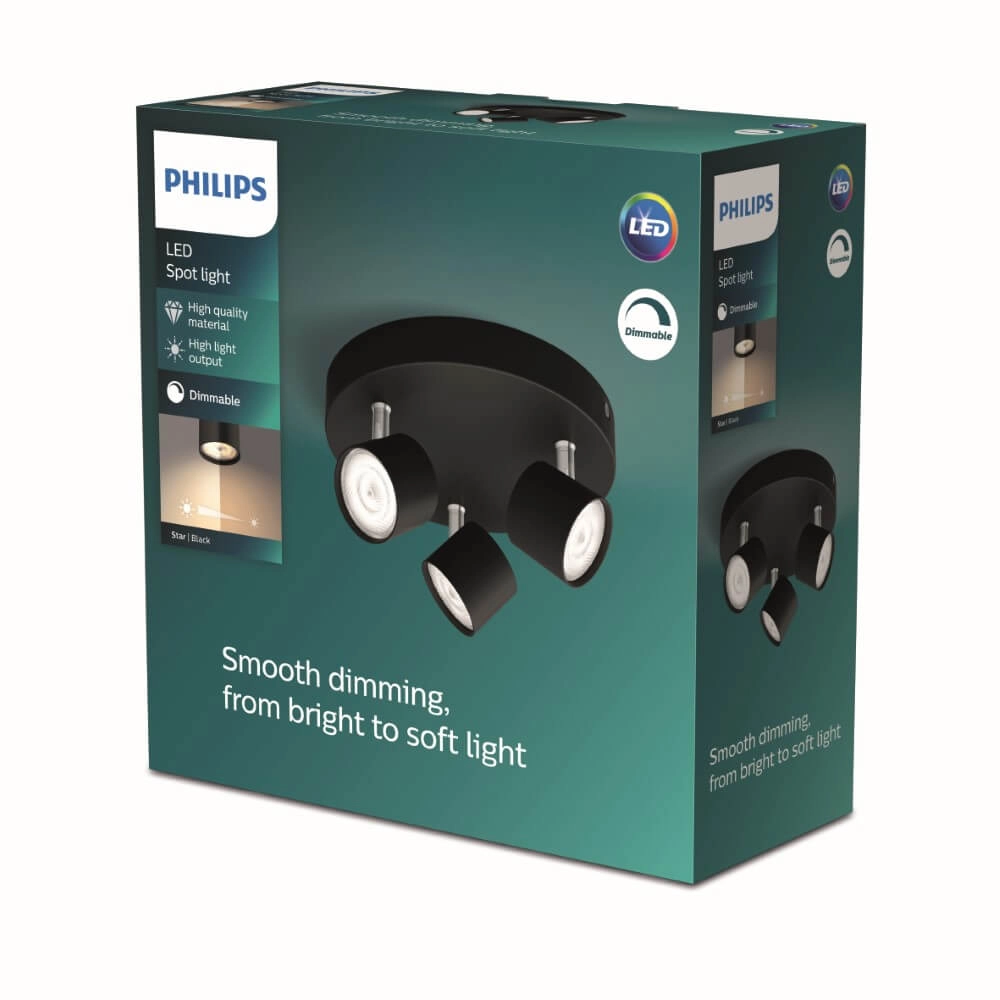 Black LED ceiling spotlight Star 3-light Philips 8719514435414