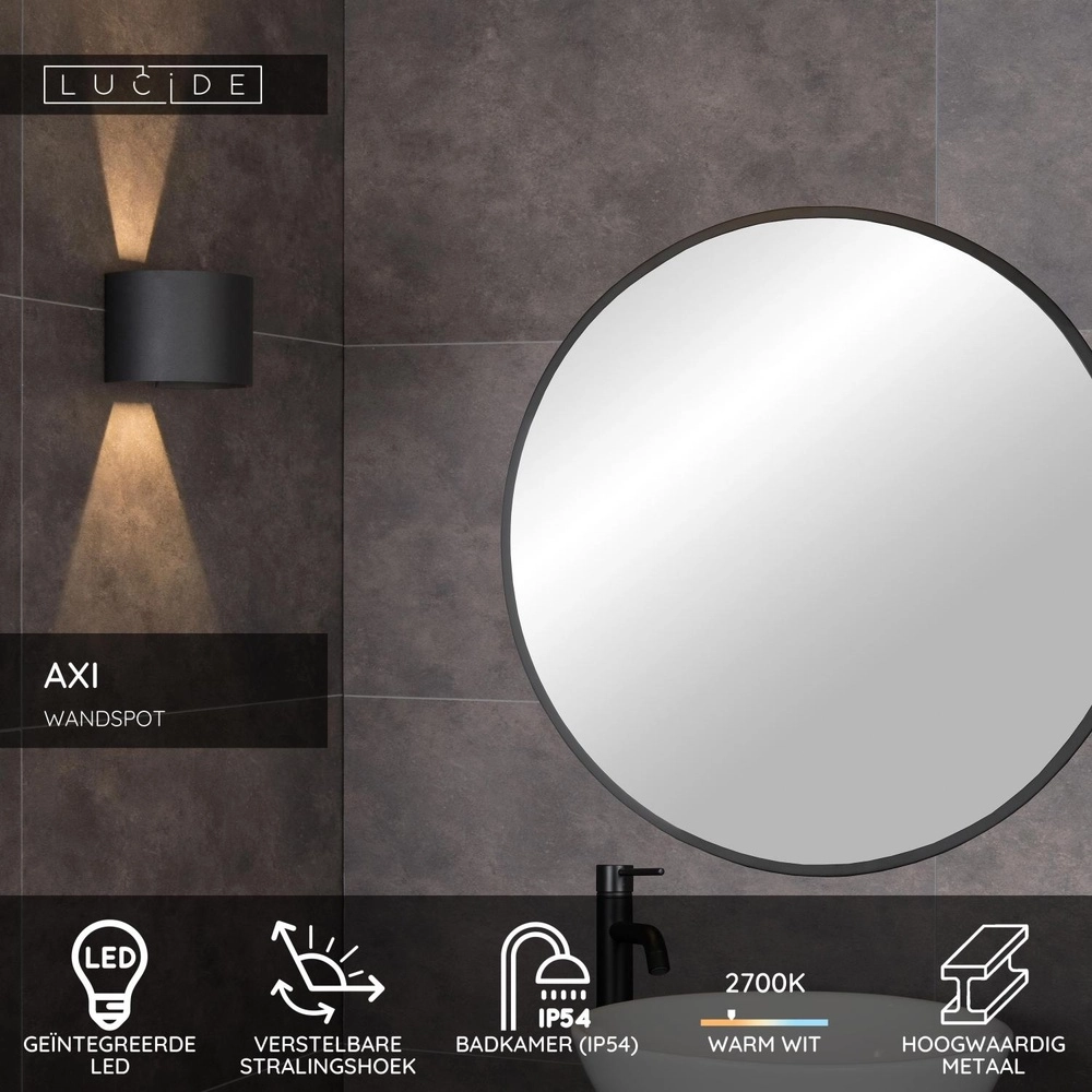 Square wall spotlight Axi 2 x 3.5W IP54 black Lucide 5411212690029