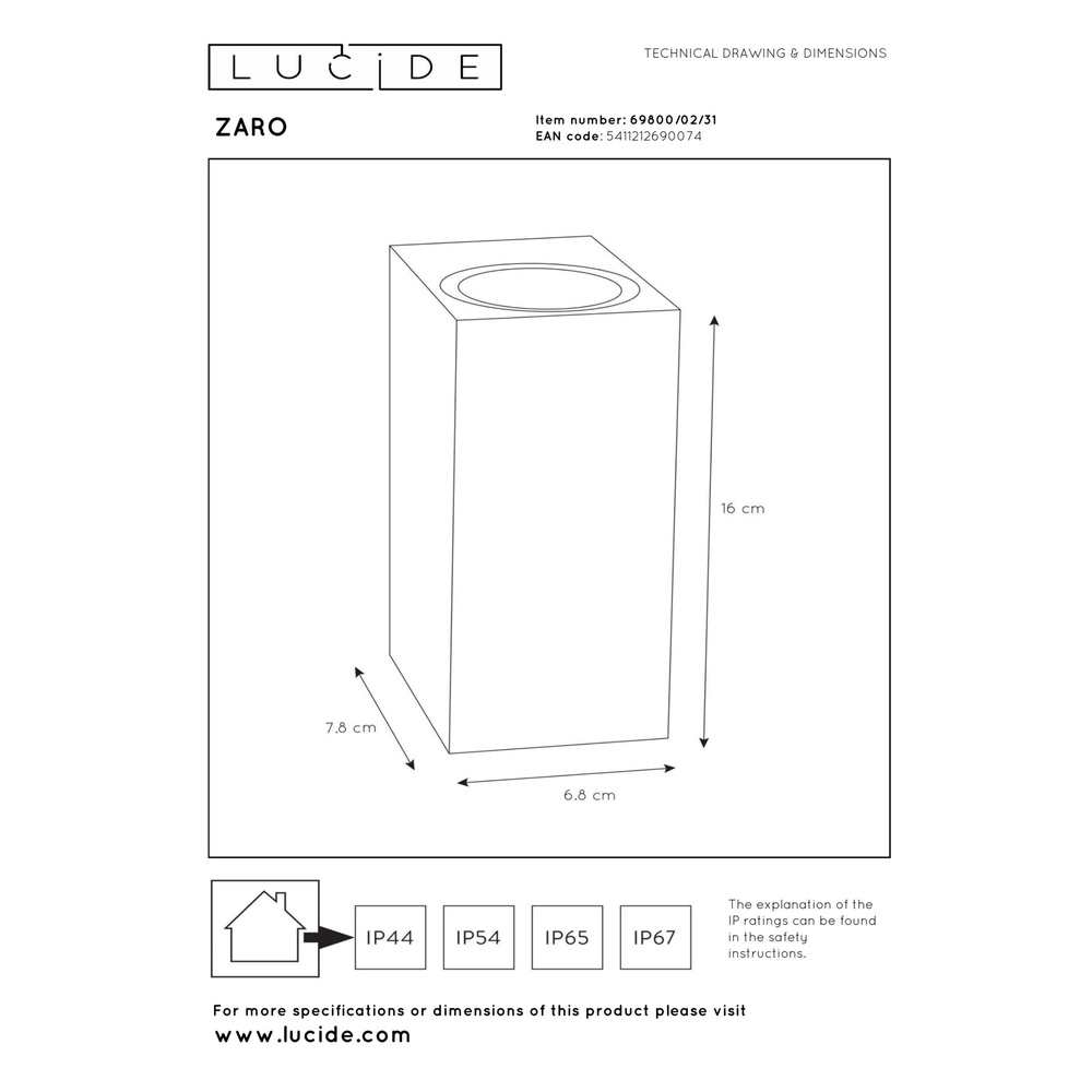Design wall spot Zaro IP65 up & down white Lucide 5411212690074
