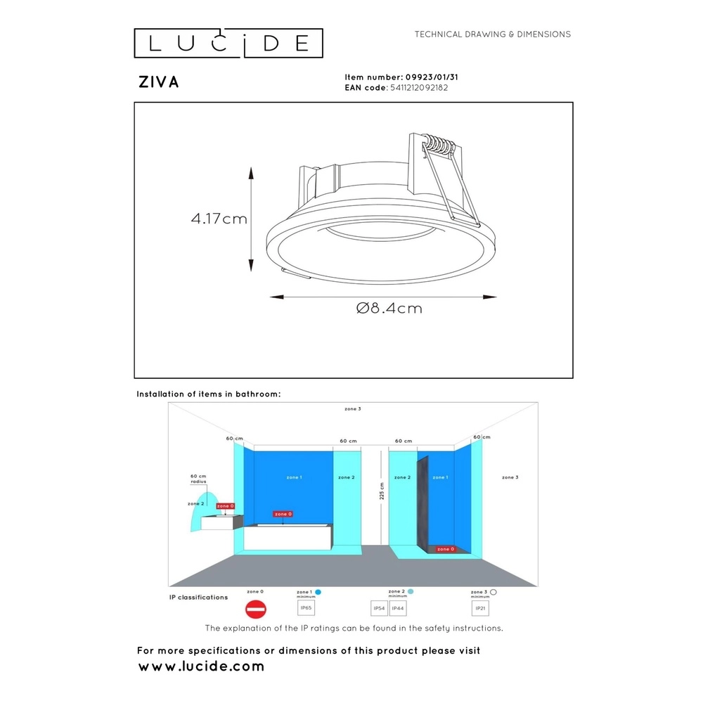 Recessed spotlight Ziva IP44 white Ø 8.4cm Lucide 5411212092182