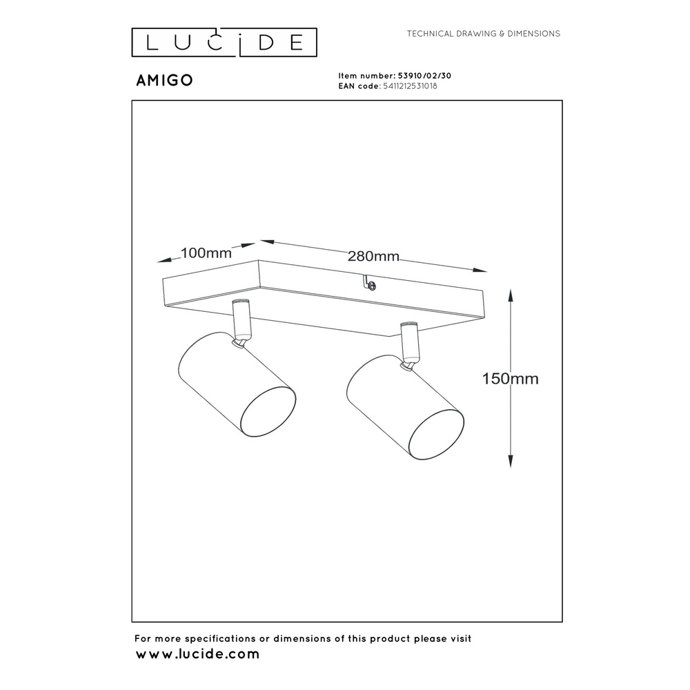 Ceiling lamp Amigo 2-light black Lucide 5411212531018