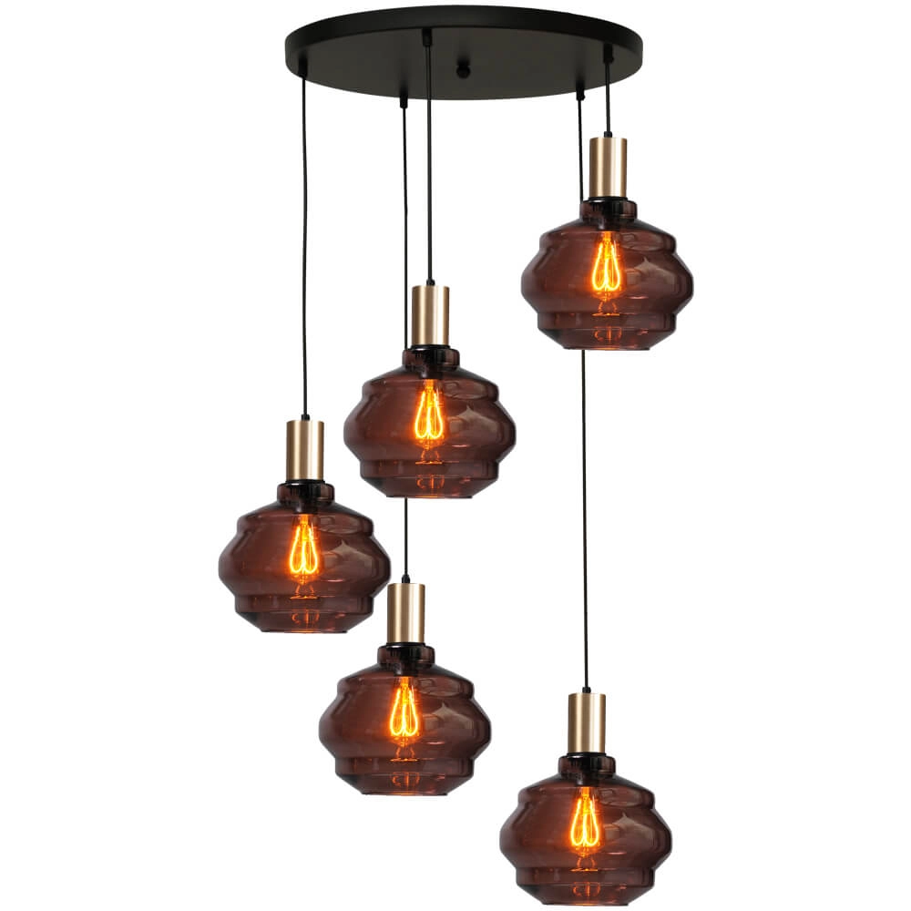 5-light loft hanging lamp - gold - Porto with Ball red glasses - Ø 24cm