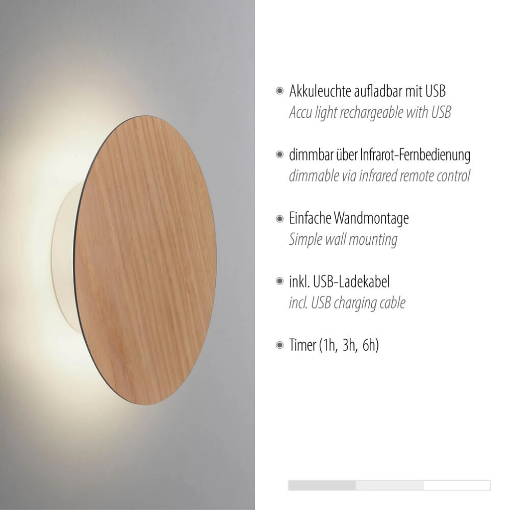 Design wall lamp Akku Puntua Ø 18cm wood Paul Neuhaus 4012248375785