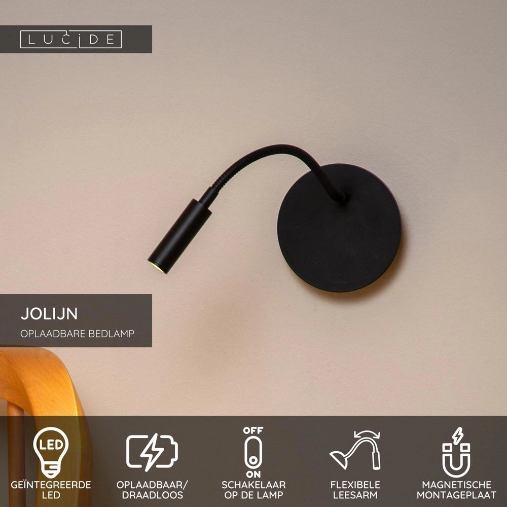 Rechargeable wall lamp Jolijn bedside lamp black Lucide 5411212771384