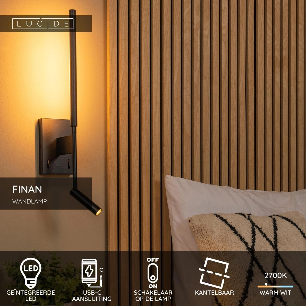 Design wall lamp Finan with reading lamp and USB charging point black Lucide 5411212680020