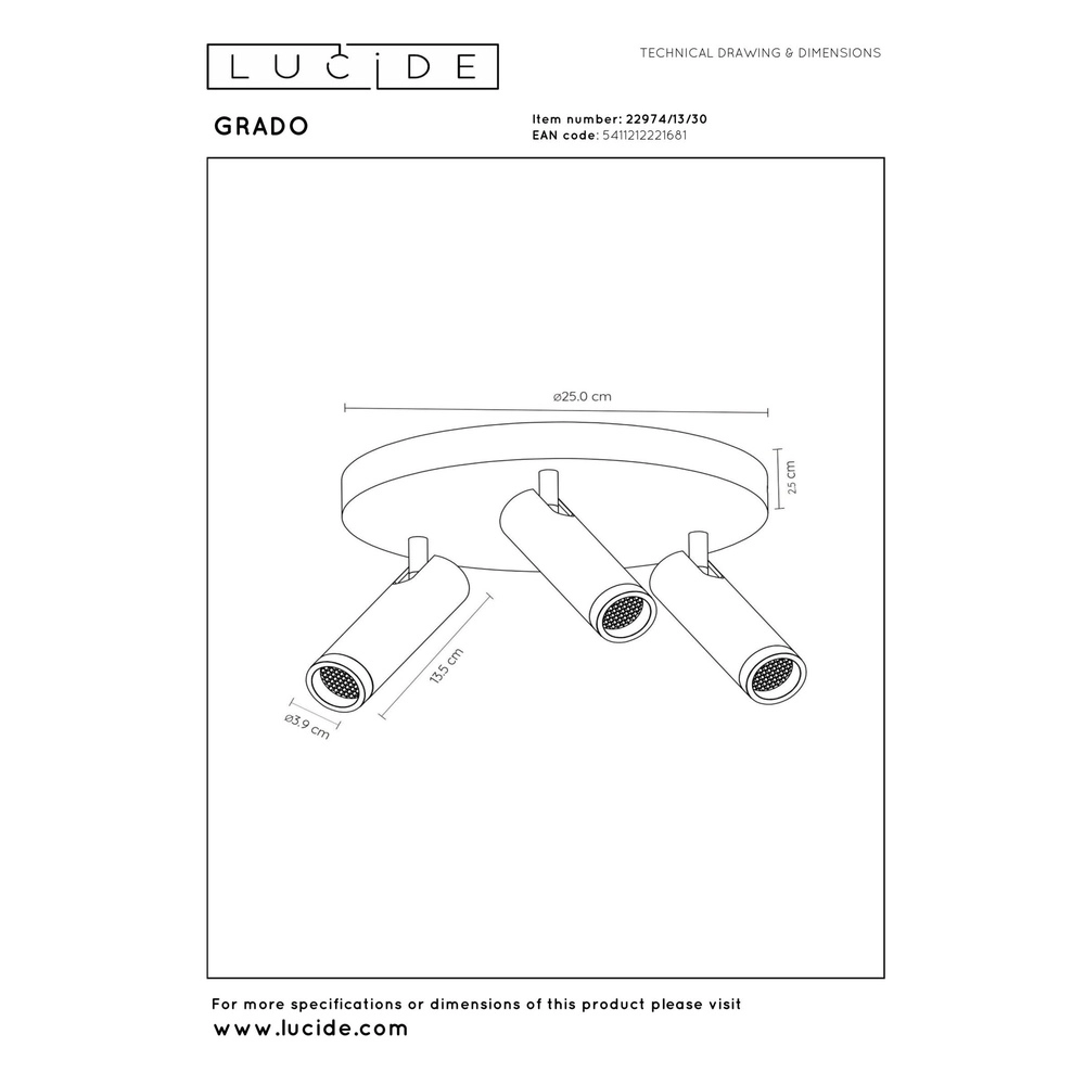 Sleek ceiling lamp Grado 3-light black Lucide 5411212221681