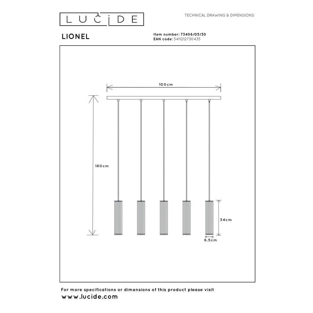 Design pendant lamp Lionel 5-light black Lucide 5411212730435