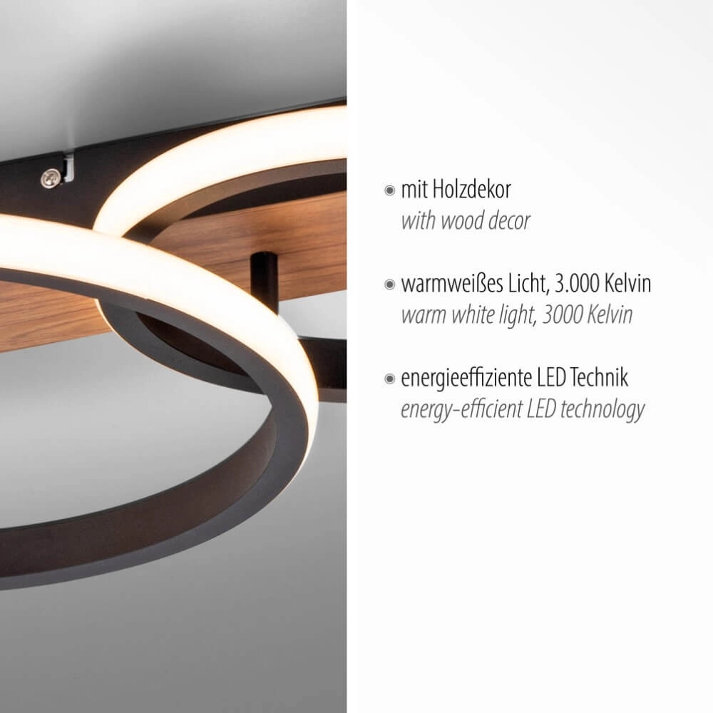 Ceiling lamp Trooper black with wood 68cm Just Light 4043689982195