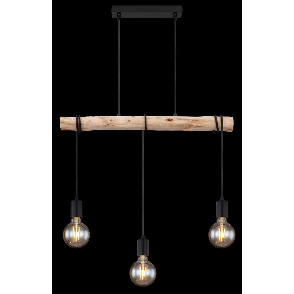 3-light dining table pendant lamp Gregor black with wood Globo 9007371436330