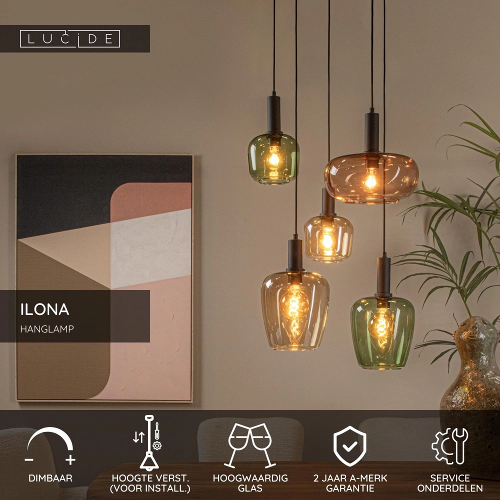 5-light pendant lamp Ilona black with colored lenses Lucide 5411212452757