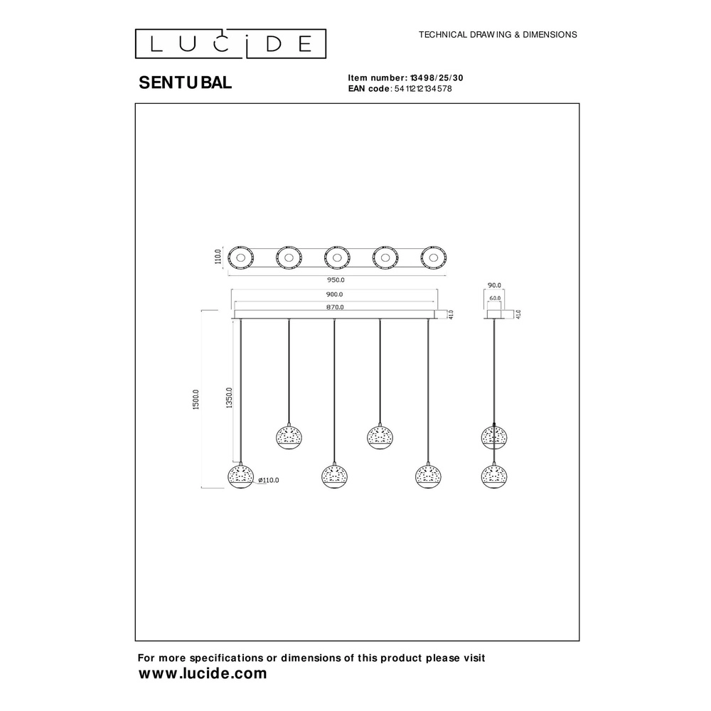 Design pendant lamp Sentubal 5-light black Lucide 5411212134578
