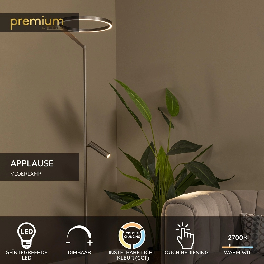 Sleek floor lamp with reading lamp Applause Brushed Metal - LED Premium by Lucide 5411212221865