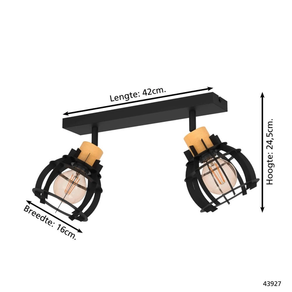 2-light ceiling lamp Stillington 1 black with wood Eglo 9002759439279