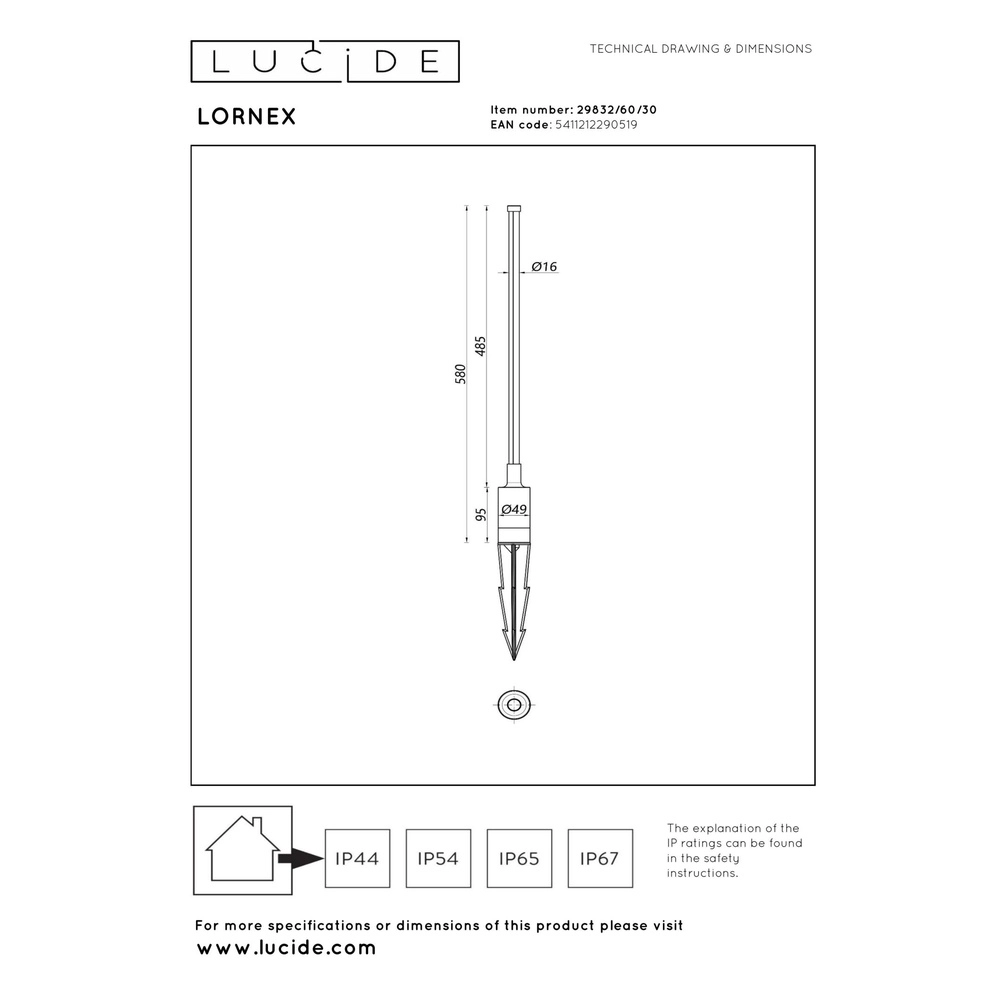 Sleek garden lamp Lornex IP54 black 58cm Lucide 5411212290519