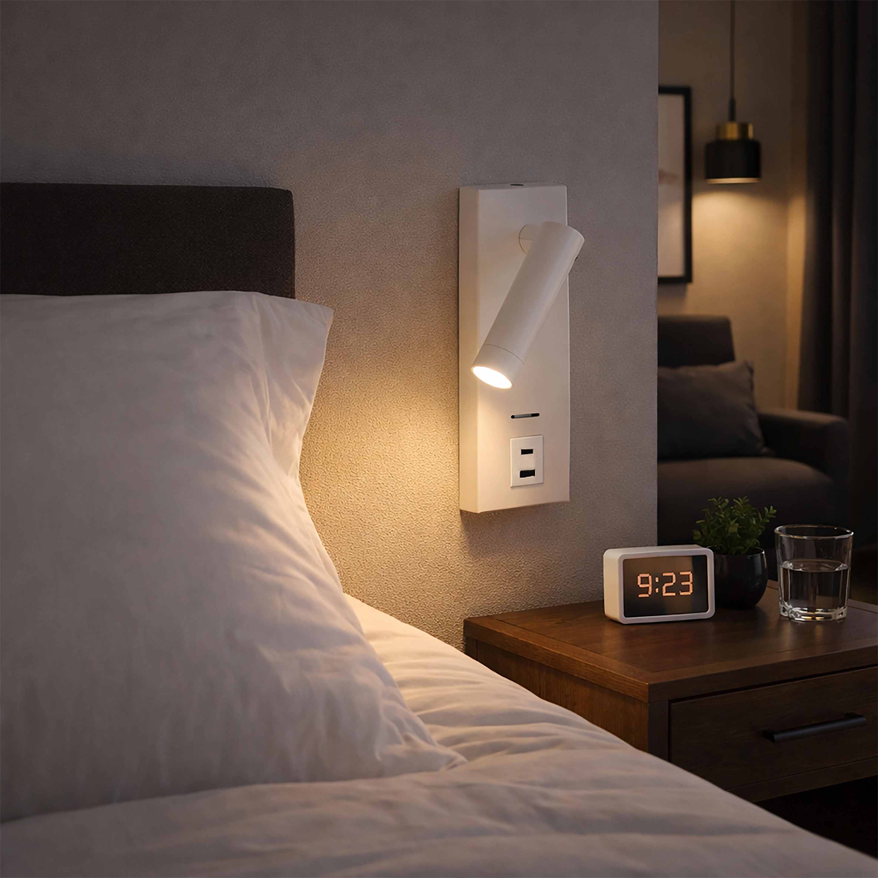 White bedside lamp Marlow with USB Lyora 5053423275864