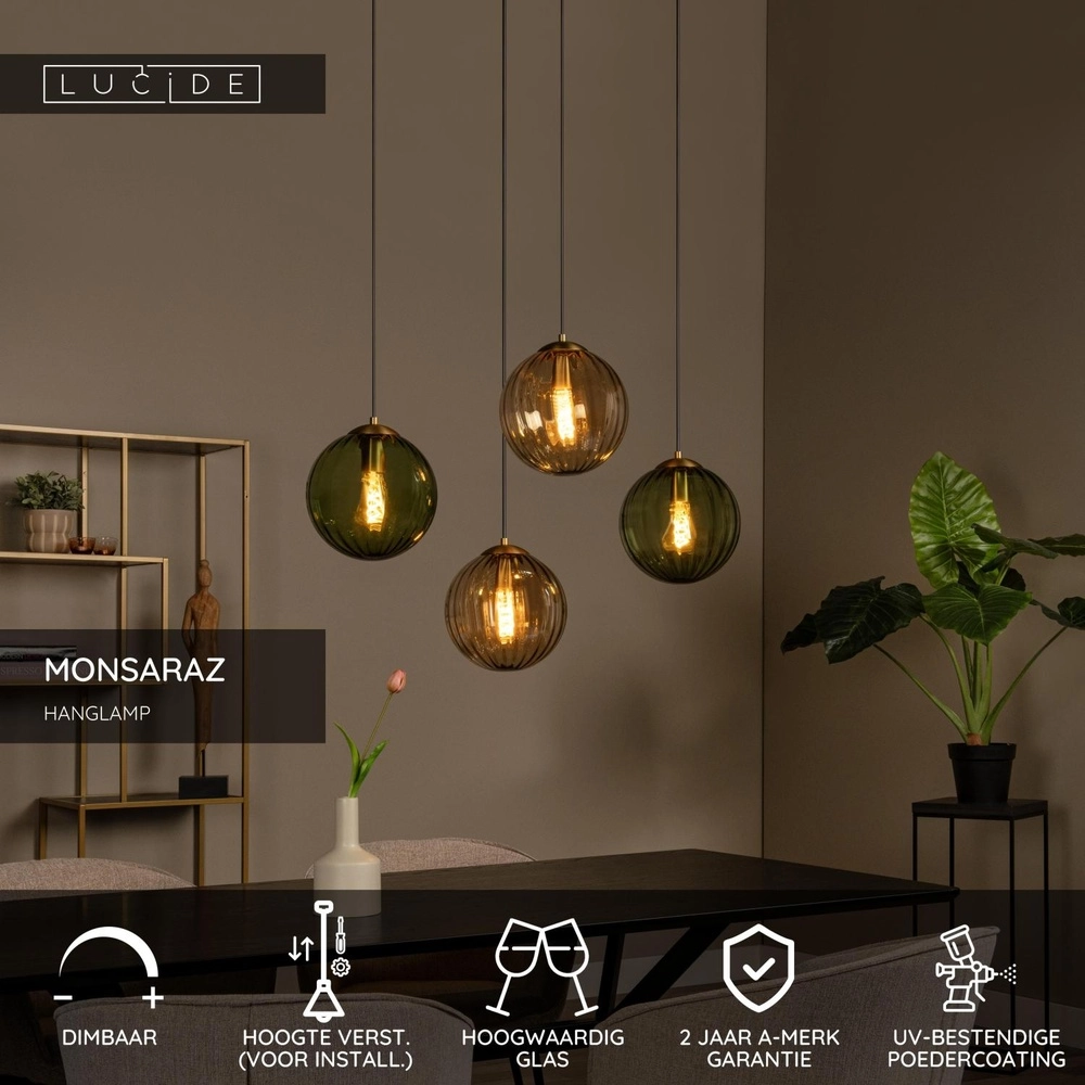 4-light pendant lamp Monsaraz Green and amber glass Lucide 5411212452429