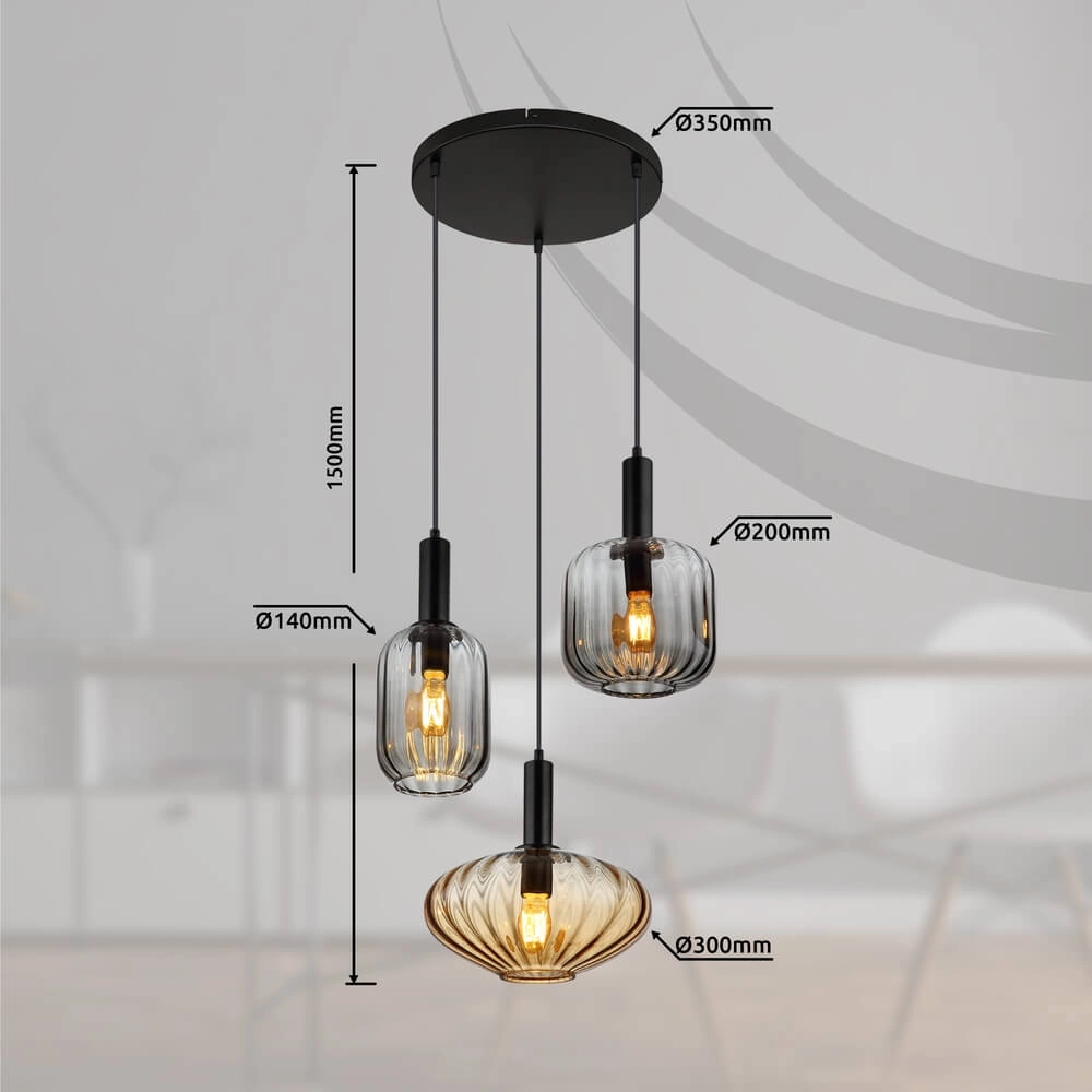 Pendant lamp Valletta with coloured glass 3-lights Globo 9007371455867