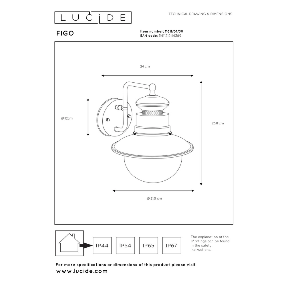 Classic wall lamp Figo Black Lucide 5411212114389