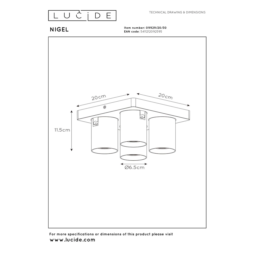 Ceiling spotlight Nigel 4-light black Lucide 5411212092595