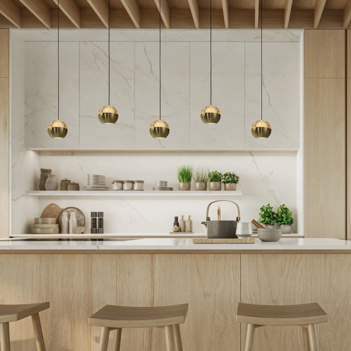5-light dining table pendant lamp Belluno LED - brass gold with glass Steinhauer 8712746183894