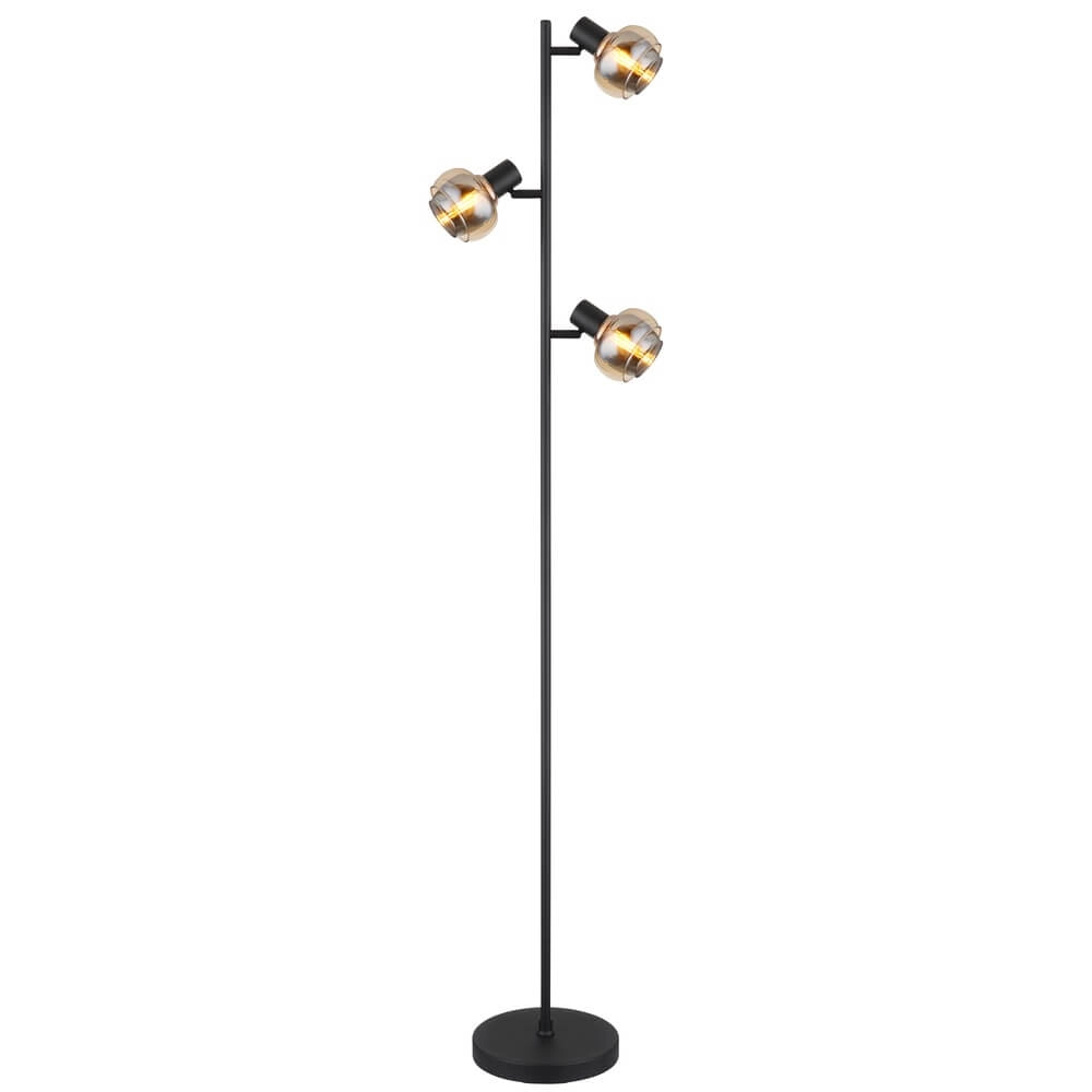 Black floor lamp Tokki 3-light amber smoke glass