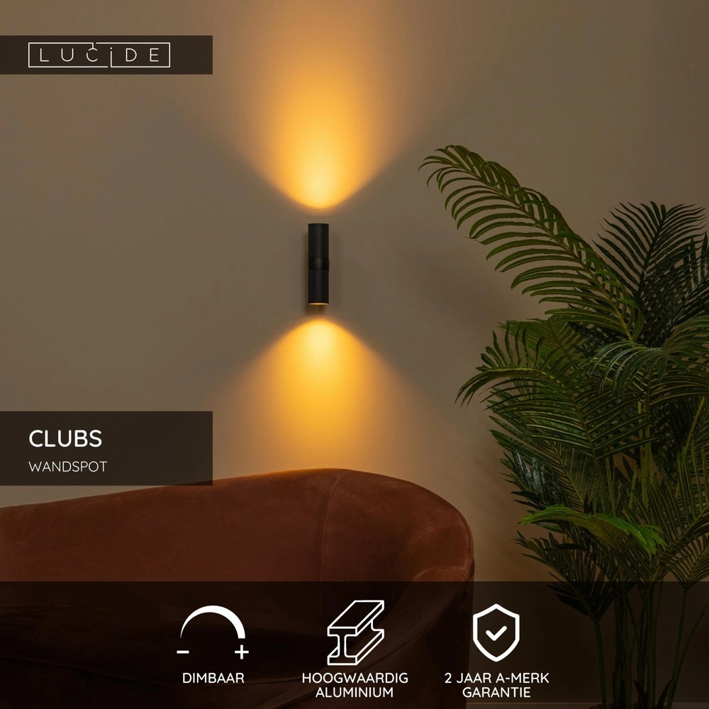 Design wall spot Clubs Black Up & Down Lucide 5411212093905