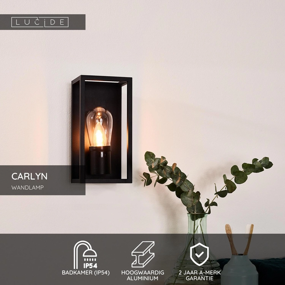 Black wall lamp Carlyn single bathroom IP54 Lucide 5411212271723
