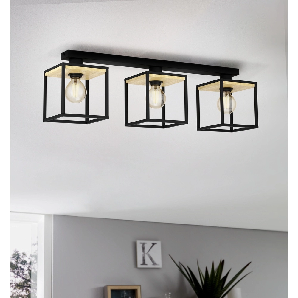 3-light ceiling lamp Libertad black with wood Eglo 9002759998561