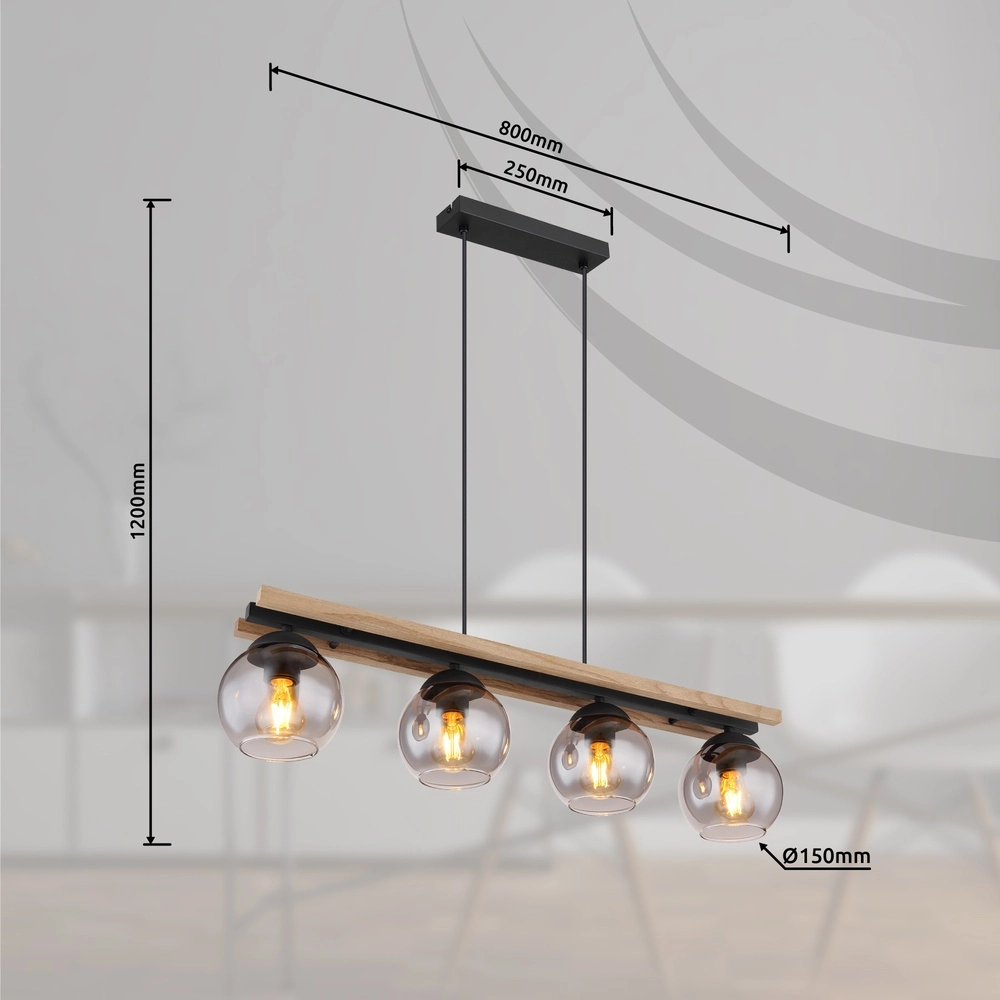 4-light pendant lamp Conni black with wood Globo 9007371451739
