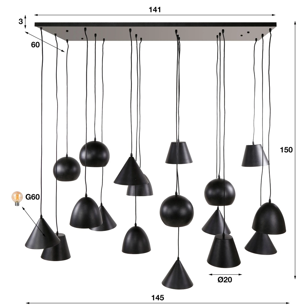 XXL pendant lamp Metal 18-light - black Lyora 8716803512313