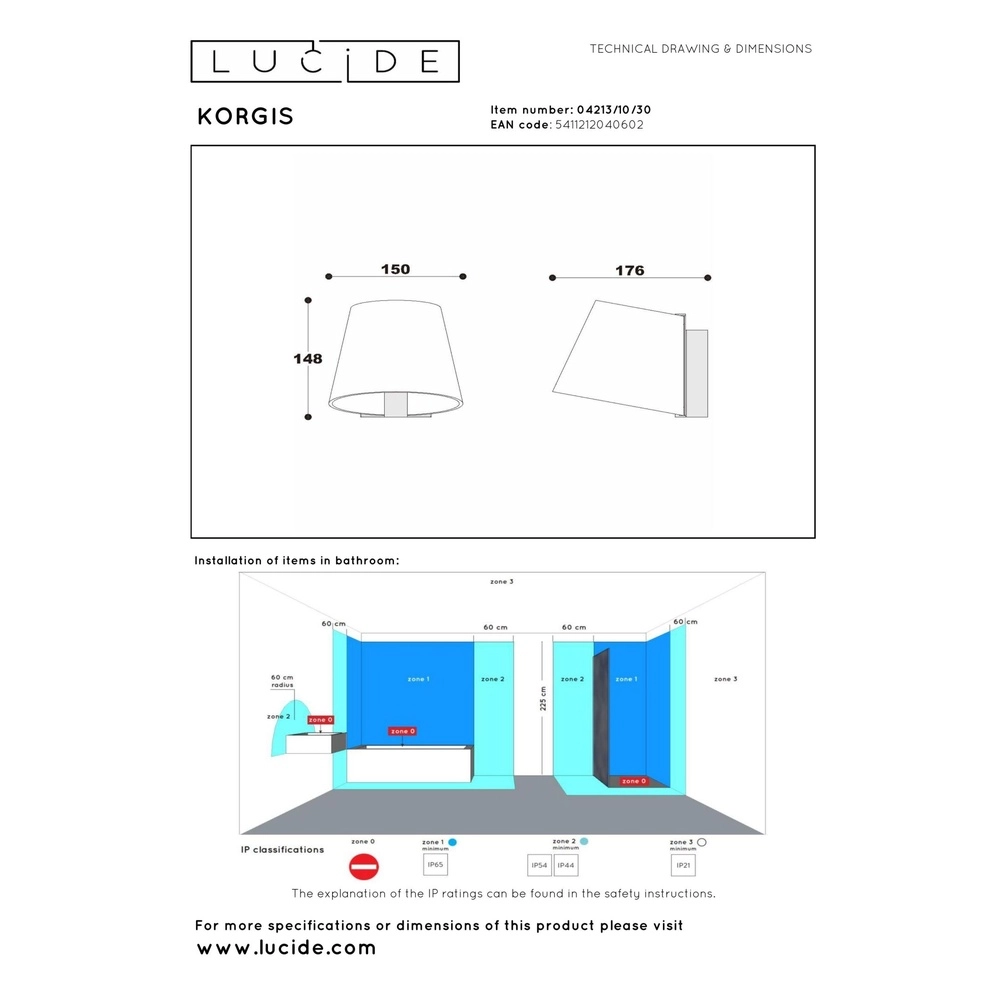 Wall light for bathroom Korgis IP44 Lucide 5411212040602