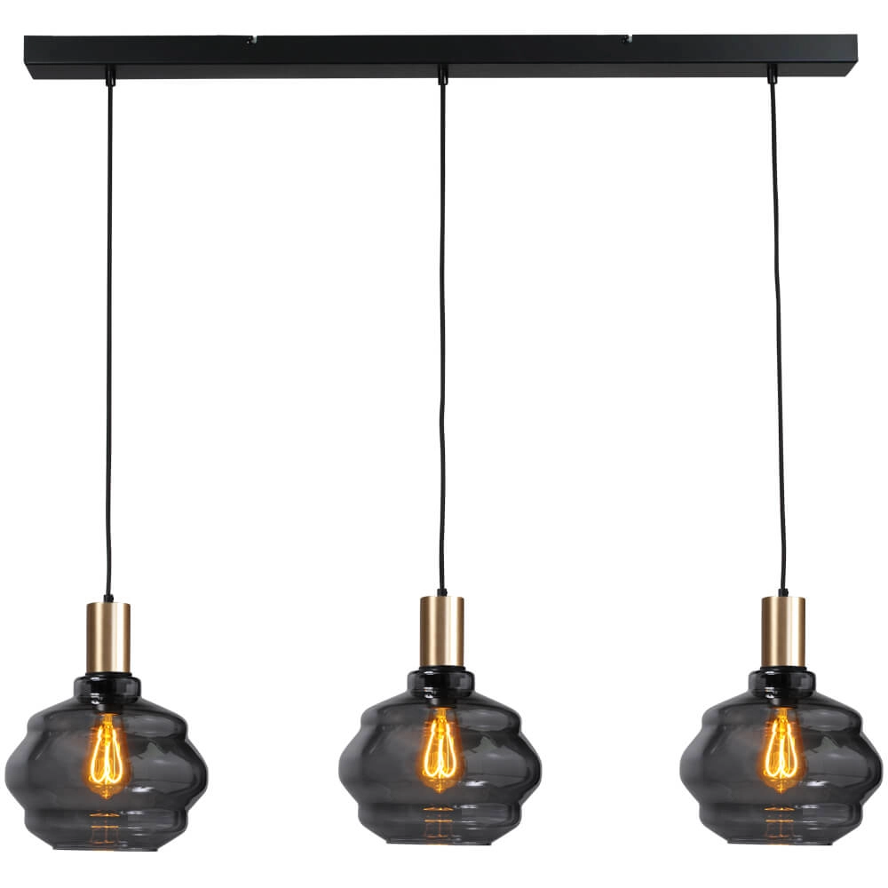3-light hanging lamp - gold - Porto with Ball smoke glasses - Ø 24cm