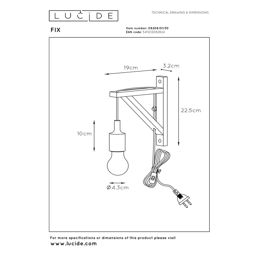 Wooden wall lamp Fix with black cord Lucide 5411212082824