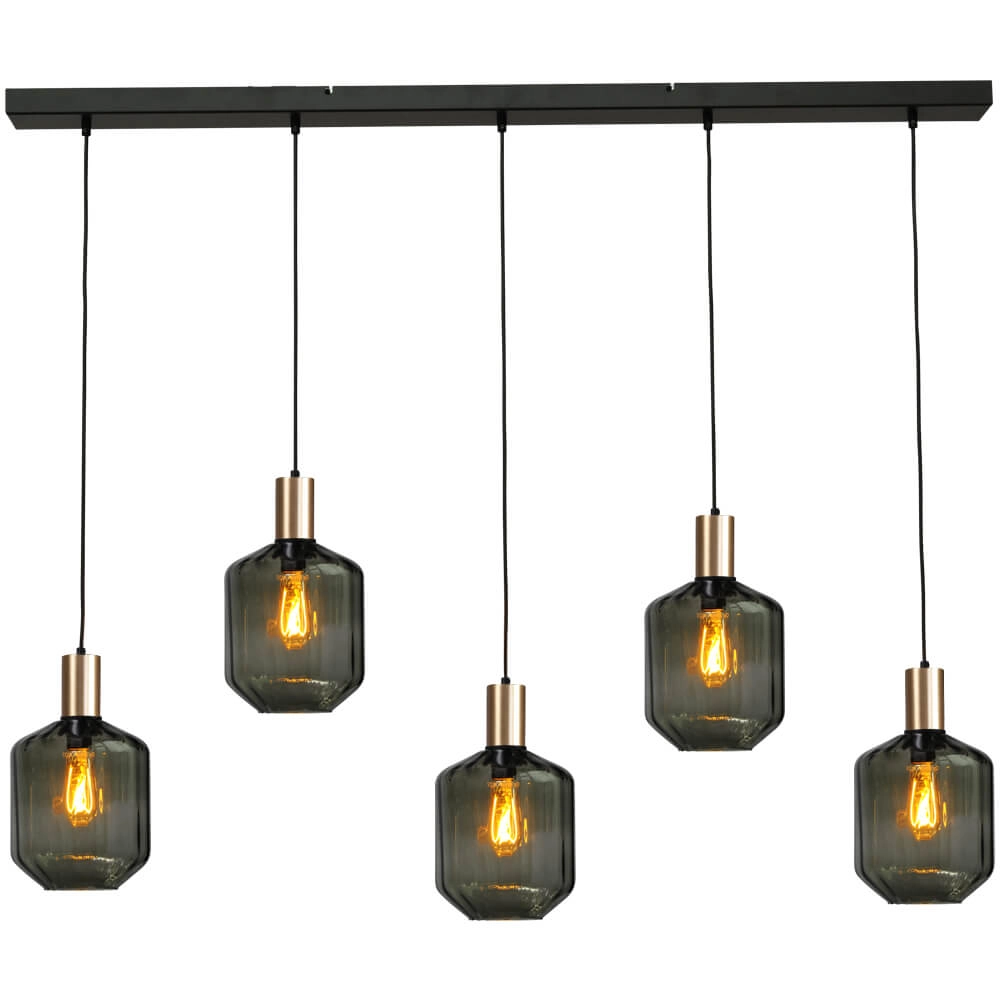 5-light hanging lamp - gold - Porto with Jagger green lenses