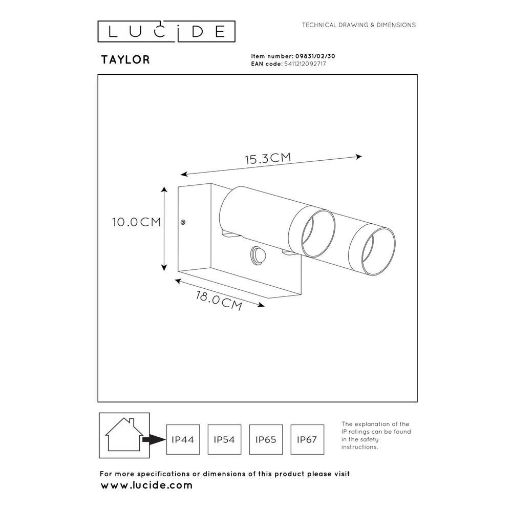Wall spotlight Taylor IP54 double with sensor black Lucide 5411212092717