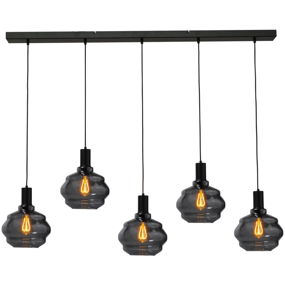 5-light hanging lamp - black - Porto with Ball smoke glasses - Ø 24cm