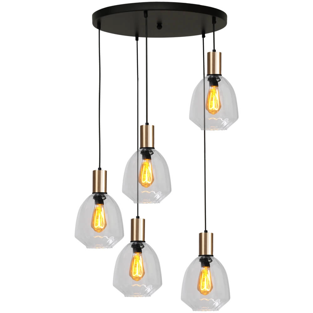 5-light loft hanging lamp - gold - Porto with Nicolette clear lenses