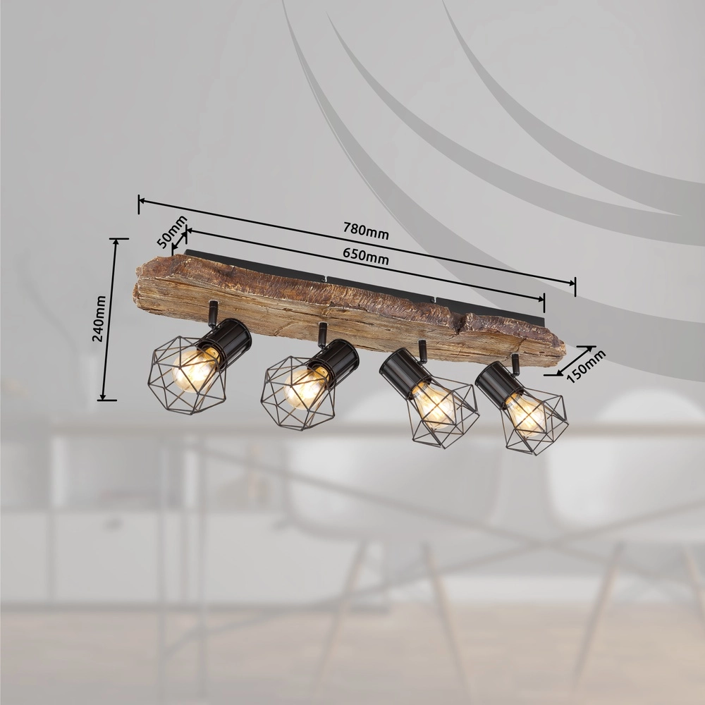 Ceiling lamp Priska 4-light black with wood Globo 9007371430376